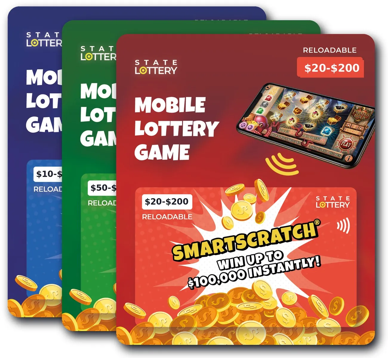 A family of SmartScratch reloadable cards in different colors and price points — $10, $20, and $50